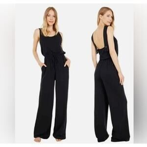 NEW Barefoot Dreams Malibu Collection Womens Luxe Lounge Jumpsuit Wide Leg Black
